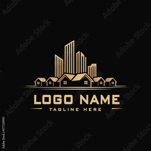 Elegant Real Estate Logo Design Featuring Modern Skyline and Residential Houses Depicting Urban and Suburban Living