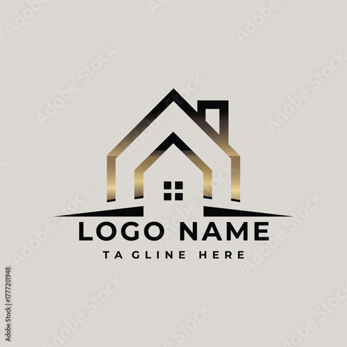 Elegant Real Estate Logo Design with House Silhouette and Gold Accents for Branding and Corporate Identity