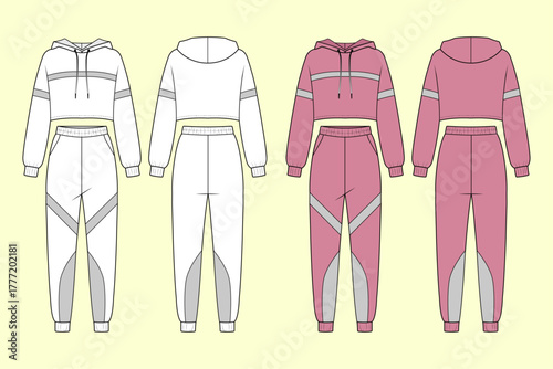 Ladies and Girls Cropped Hoodie and Jogger Set Colorways Fashion Flat Sketch CAD mockup Template.