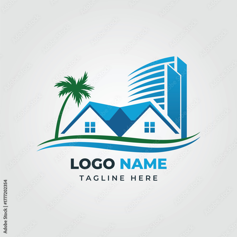 Obraz premium Modern Real Estate Logo Design Featuring Coastal Living and Urban Architecture Integration for Branding Solutions