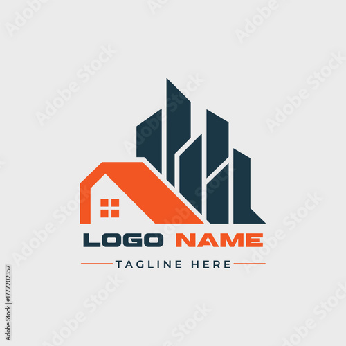 Modern real estate logo design featuring a house and city skyline silhouette for branding purposes in property development and architectural firms