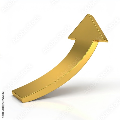 Gleaming gold arrow curves upward on a white background