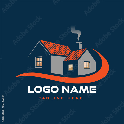 Real Estate Logo Design with Two Houses Orange Roof and Chimney for Branding Business Ventures