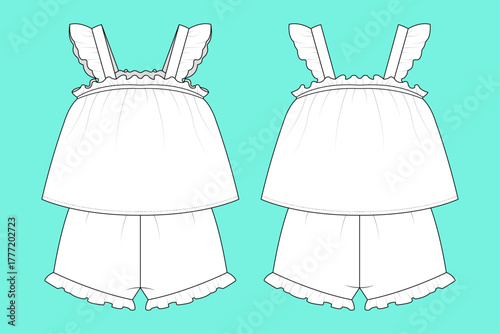 Infant Toddler Baby Girl Ruffle Strap Top and Frill Hem Shorts Set Fashion Flat Sketch