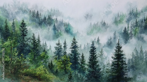 Silhouetted trees rise from a sea of fog in a tranquil forest creating a peaceful and mystical scene.