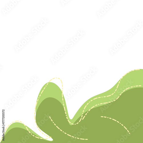 Stylized organic green wavy abstract shape with layered design and decorative dashed lines.