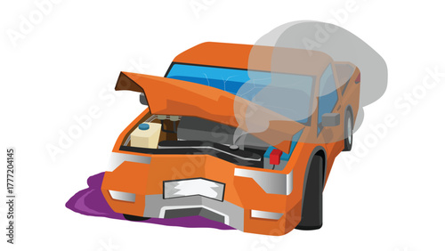 Car accident caused severe damage. Orange pickup was dented and the front bumper was broken. Front hood was bent and opened. Engine was damaged with smoke and oil was leaking.