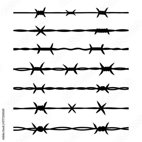 Barbed wire silhouette vector, Set of barbed wire collection vector art, black barbed wire isolated on white background