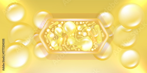 Probiotic and Hyaluronic acid skin solutions ad, gold collagen, and vitamin serum drop with cosmetic advertising background ready to use illustration vector.