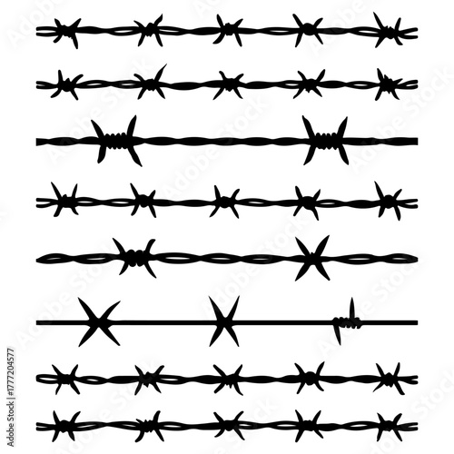 Barbed wire silhouette vector, Set of barbed wire collection vector art, black barbed wire isolated on white background