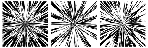 Dynamic radial speed lines burst effect in high contrast black and white, cartoon explosion for manga panels, comic book backgrounds, action scenes or dramatic impact graphics with visual motion.