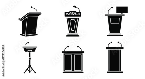 Variety of black silhouette podiums and lecterns for public speaking events