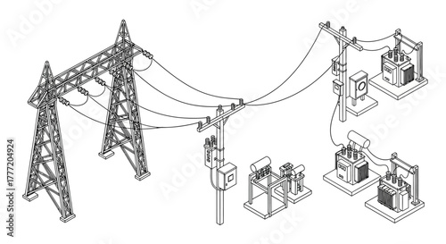 Isometric illustration of power transmission infrastructure and electrical substations