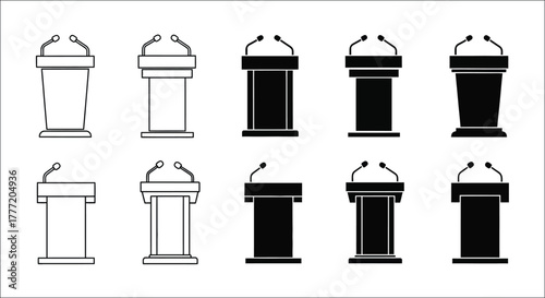 Various styles of podiums and lecterns displayed in a grid formation