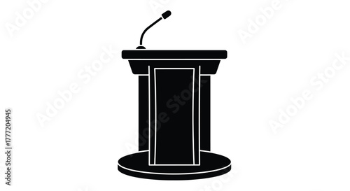 A black and white illustration of a podium with two microphones