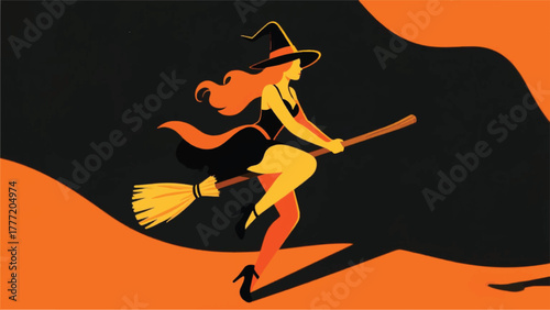 Witch Woman With Flying Broomstick Illustrator Artwork Banner Background Design Template 