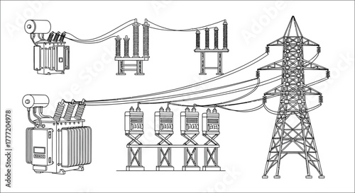 Detailed illustration of electrical power transmission towers and transformer substations