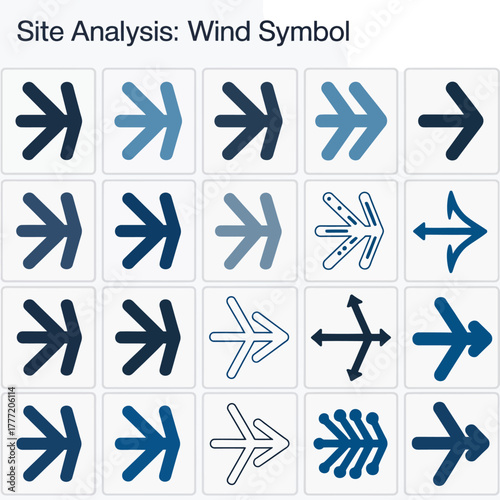 Variety of blue arrow icons representing wind, flow, and direction