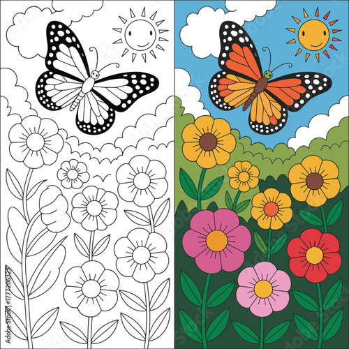 Butterfly and Flowers Coloring Page Vector | Nature Scene Outline and Colored Illustration