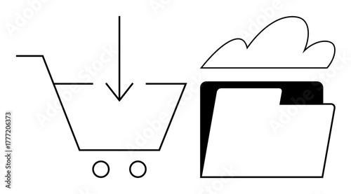 Shopping cart with download arrow next to a folder emerging from a cloud. Ideal for digital storage, e-commerce, data transfer, cloud technology, online business, web services, simple flat metaphor