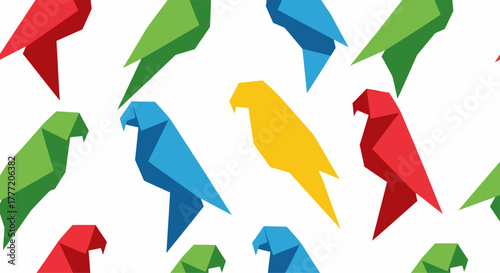 Colorful origami parrots pattern on white background, geometric shapes.