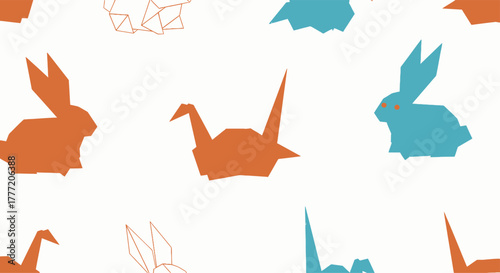 Origami Animals Pattern Seamless Background with Cranes and Rabbits.
