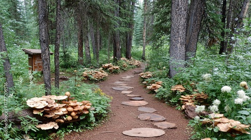 Serene Forest Pathway Surrounded by Mushrooms and Lush Foliage