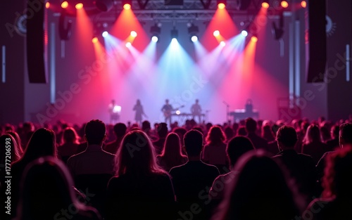 A large group of people sitting in front of a stage. Suitable for event, conference, or concert themes. High quality