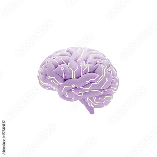 Purple Brain with Circuit Board Pattern 3D - AI Digital Intelligence Concept