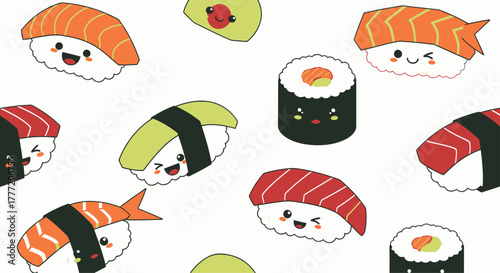 Cute Kawaii Sushi Characters Seamless Pattern.