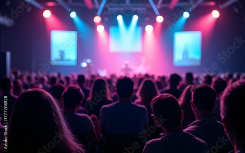 A large group of people sitting in front of a stage. Suitable for event, conference, or concert themes. High quality