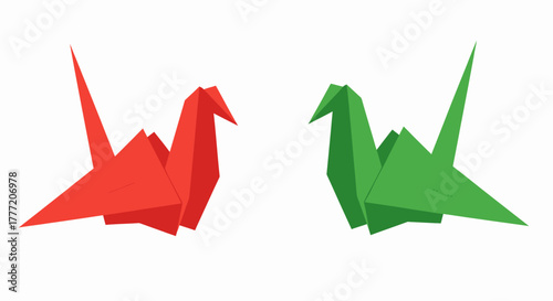 Two colorful origami cranes facing each other on a white background.
