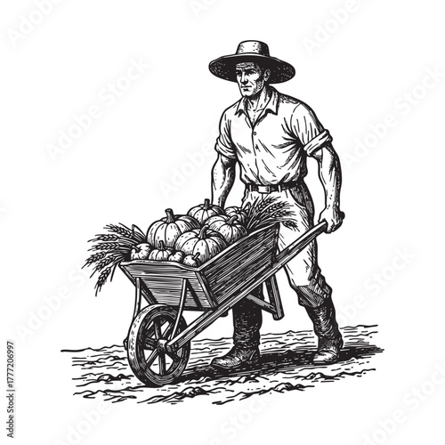 Farmer Wheelbarrow Engraving Vector Illustration