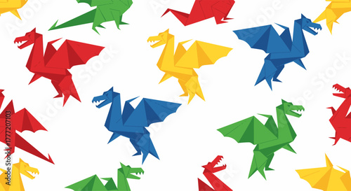 Colorful origami dragons scattered across a white background creating a playful pattern.