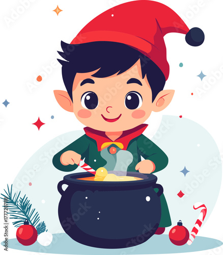 A cheerful cartoon elf wearing a red hat and green coat stirring a bubbling cauldron.