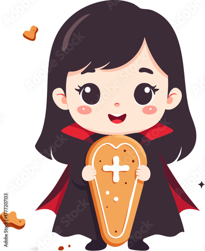 A cute cartoon girl in a vampire costume holds a coffin-shaped cookie for Halloween.