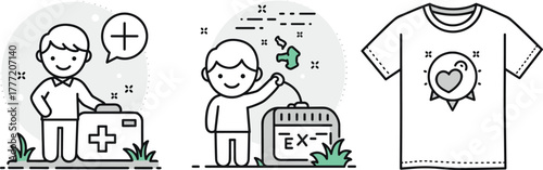 Cartoon medical character with health kit, engineer with wrench and formula, love location t-shirt design, vector illustration for stock content