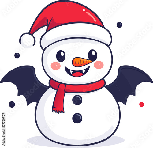 A cute snowman with bat wings wearing a Santa hat and a red scarf, ready for Christmas.