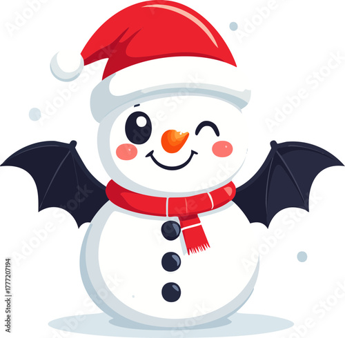 Cartoon snowman with bat wings, wearing a Santa hat and scarf, winking.