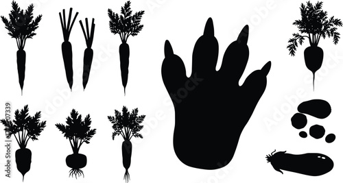 Vegetable garden mystery, black silhouette carrots, potatoes, radish, beet, eggplant, clawed footprint, farm discovery, dinosaur trace, organic produce concept