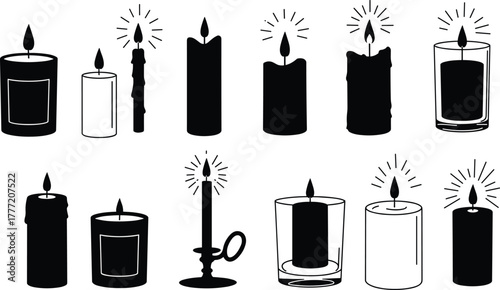 Candle vector set, black and white candle icons, wax flame illustrations, decorative candle holders, spiritual light symbols, minimal candle graphics