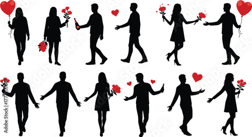Romantic couple silhouette vector, love gestures, heart balloons, flower bouquet, Valentine's Day theme, black figures with red accents, isolated on white