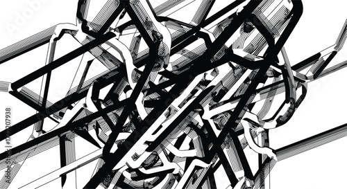 Abstract black and white vector, twisted cables, geometric bars, chaotic structure, modern art composition, high contrast, digital illustration, tech-inspired design