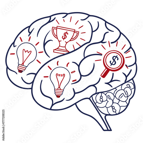 Brain composed of line-art icons of success, ideas, money.
