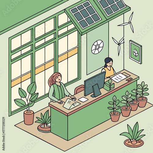 Office powered by renewable energy with green theme.
