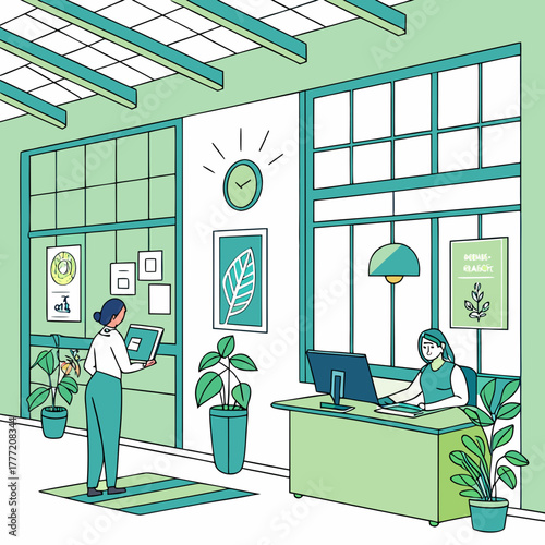 Office powered by renewable energy with green theme.
