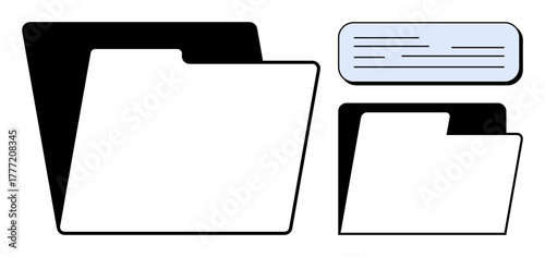 Open folder, closed folder, and document highlight filing and information storage. Ideal for organization, document management, digital storage, archiving, efficiency, administration simple flat