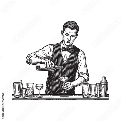 Bartender Pouring Cocktail Behind Bar Engraving Vector Illustration
