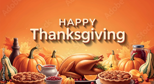 Happy Thanksgiving feast with turkey, pumpkins, pies, and autumn leaves on orange