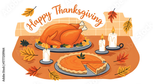Happy Thanksgiving Illustration with Turkey, Pumpkin Pie, Candles, and Autumn Leaves